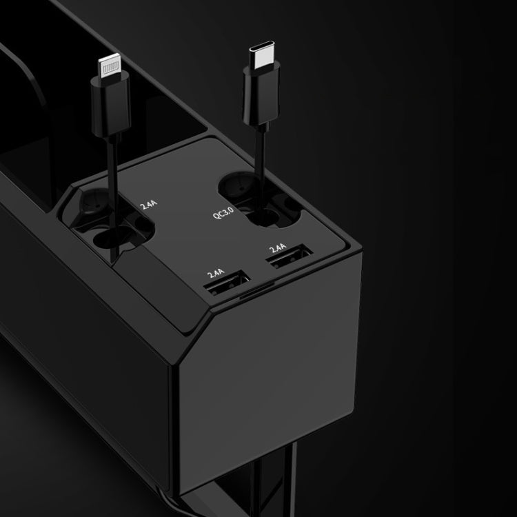 Black car seat storage box showing USB charging ports and cable adapter openings