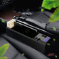 Black car seat storage box with front organizer tray and blue-lit USB charging ports