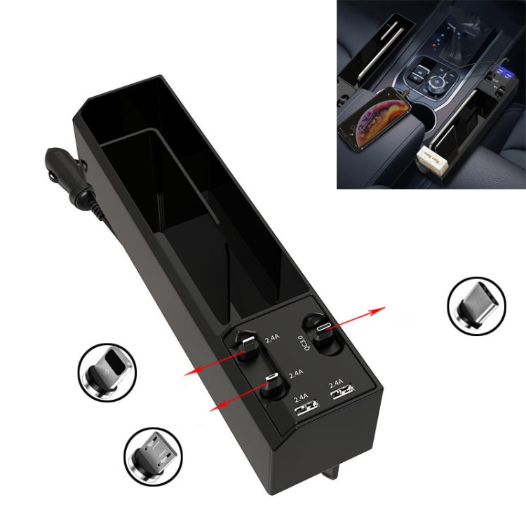 Black car seat storage box with USB ports and side charging connector attachments