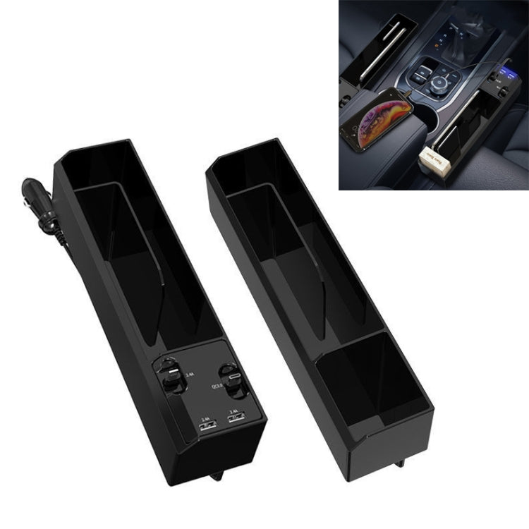 Two black car seat storage boxes with USB charger and cable connector built in