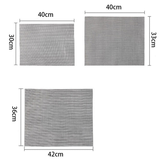 Non-stick grill grid mat size chart: 40cm, 42cm, 30cm, 33cm.