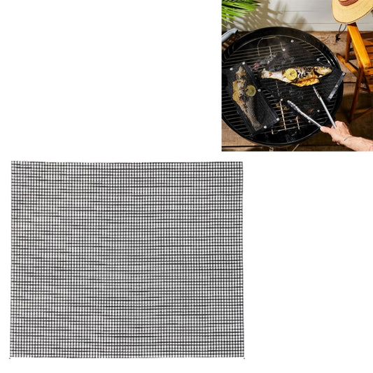 Non-stick grill grid mat, square mesh sheet with fine grid pattern.
