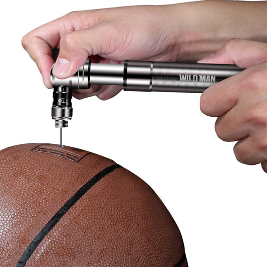 Handheld mini pump inflating a ball using a metal threaded nozzle