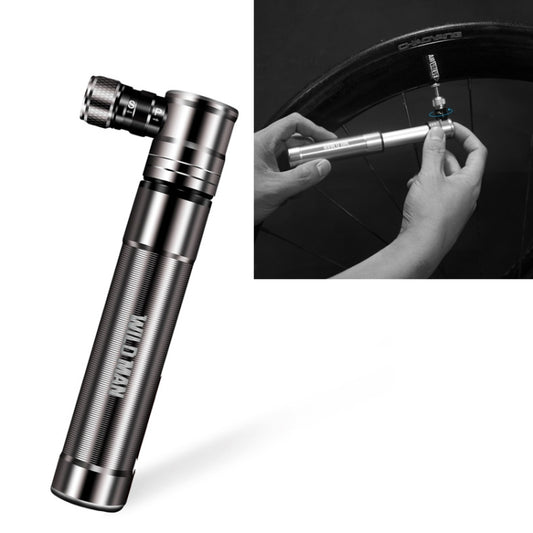 Portable bicycle pump, silver metal body with universal nozzle connection