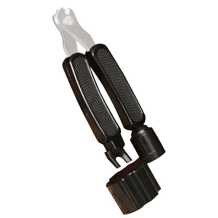 Guitar string changing tool set: black clamp with textured grips and pull cone
