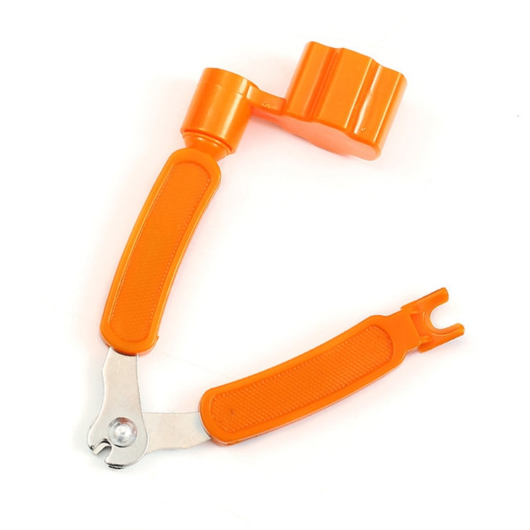 Guitar string changing tool set with orange clamp handles and metal cutting tip