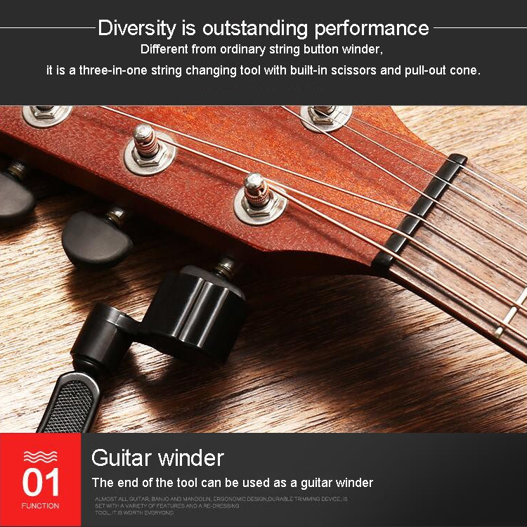 Guitar winder and string clipper tool set with black textured handles on guitar