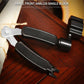 Guitar string changing tool set with black grips, pull cone, and metal clip on wood