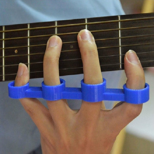 Blue finger spacer device worn on hand for stretching and practice