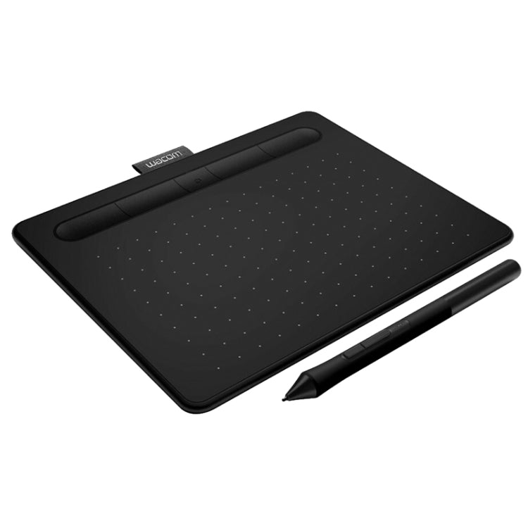 Black drawing tablet with stylus pen and touch strip