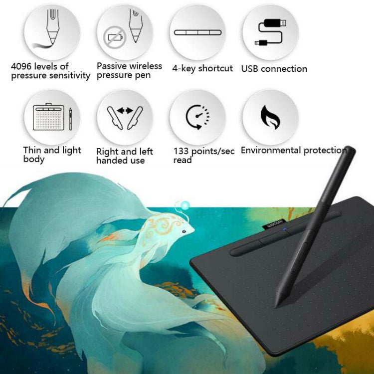 Drawing tablet with stylus pen and artwork, feature icons around