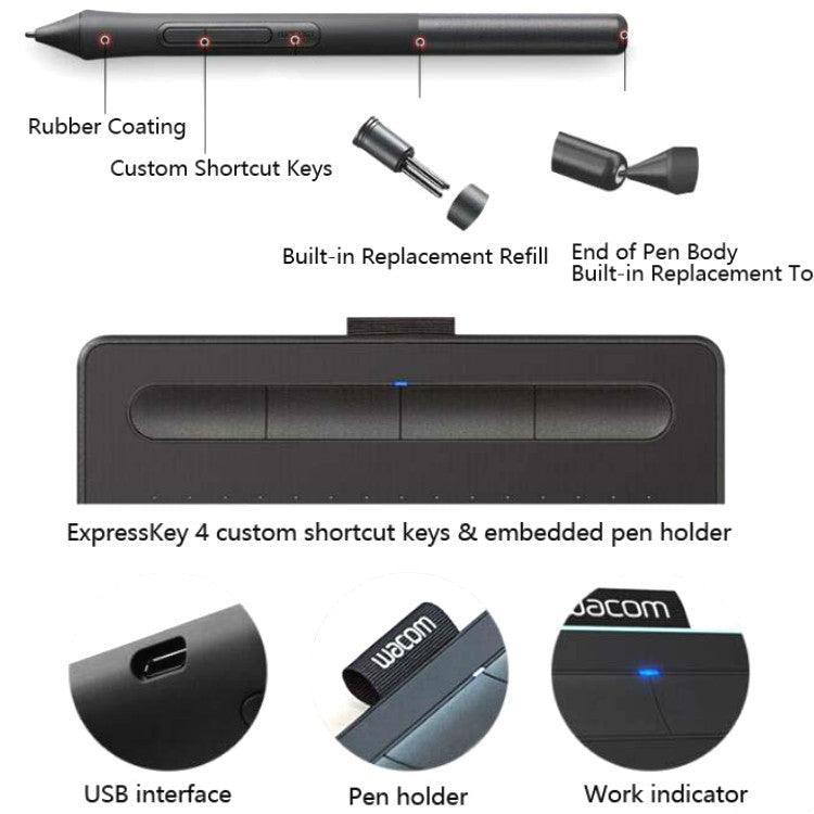 Drawing tablet with stylus pen, shortcut keys, and pen refill tips