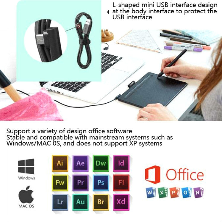 Drawing tablet with stylus pen and USB cable connected to laptop
