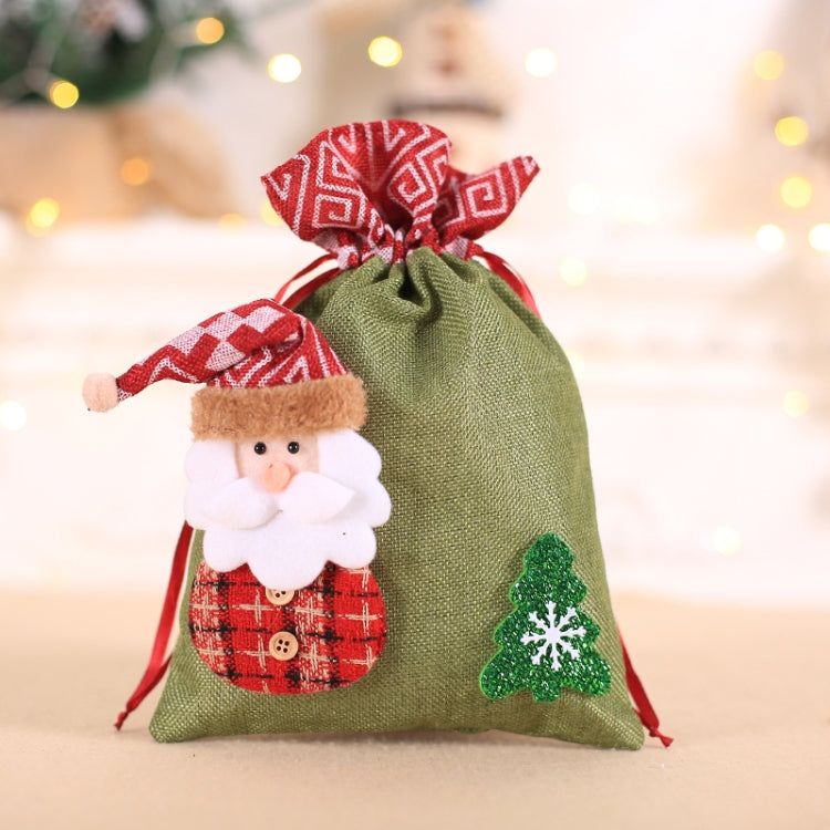 Children's burlap Christmas gift bag, green with red bow and bearded old man design