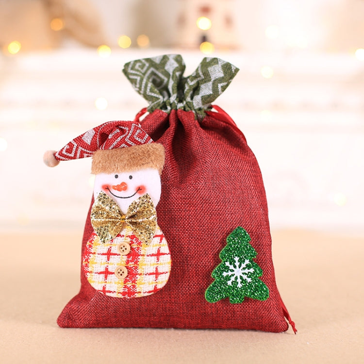 Children's burlap Christmas gift bag, red with bow and snowman applique, green tree accents