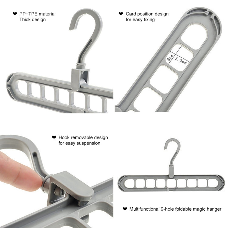 Gray-green plastic clothes hanger rack with removable hook and 9-hole bar slots