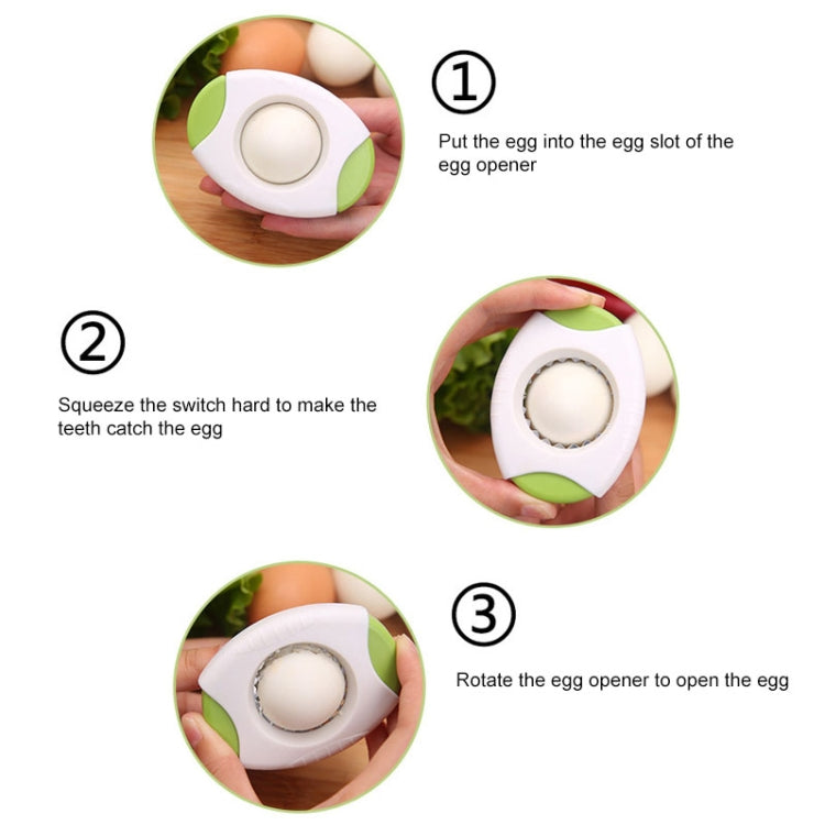 Egg opener instruction graphic showing steps for inserting, squeezing, and rotating