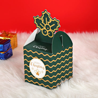 Green holiday gift box candy container with wavy stripes and holly top detail