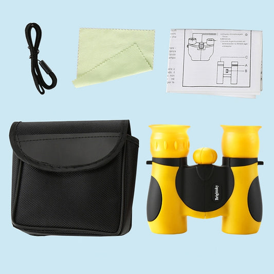 Yellow children binocular telescope with black carrying case and instruction card