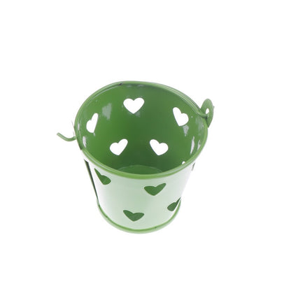 Green mini metal pen holder bucket with heart cutouts and small side handles