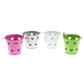 Assorted mini heart-pattern metal pen holder buckets in pink, gray, white, and green