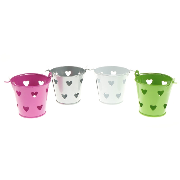 Assorted mini heart-pattern metal pen holder buckets in pink, gray, white, and green