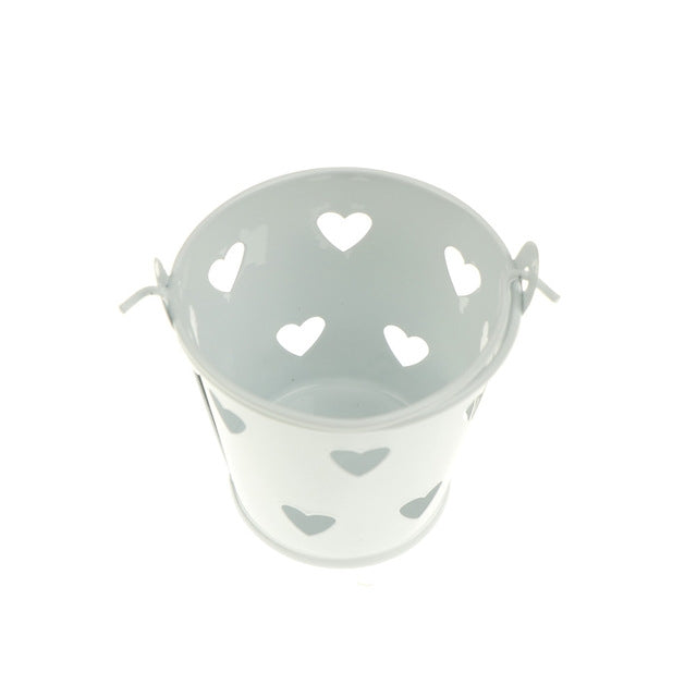 Light gray mini metal pen holder bucket with heart cutouts and side handles