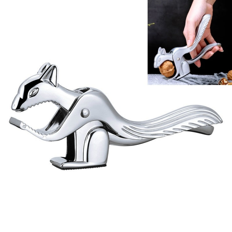 Squirrel-shaped silver nut shell clip with long lever handle and hinged jaws