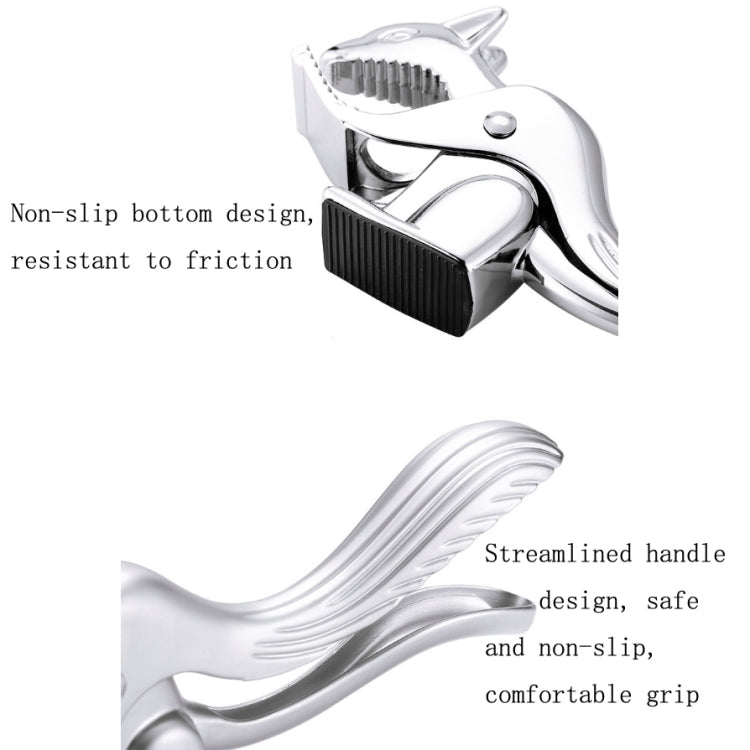 Squirrel-shaped nut cracker clip with ribbed, textured bottom and serrated jaw