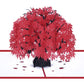 3D maple tree pop-up birthday greeting card with red leaves and dark trunk, open view
