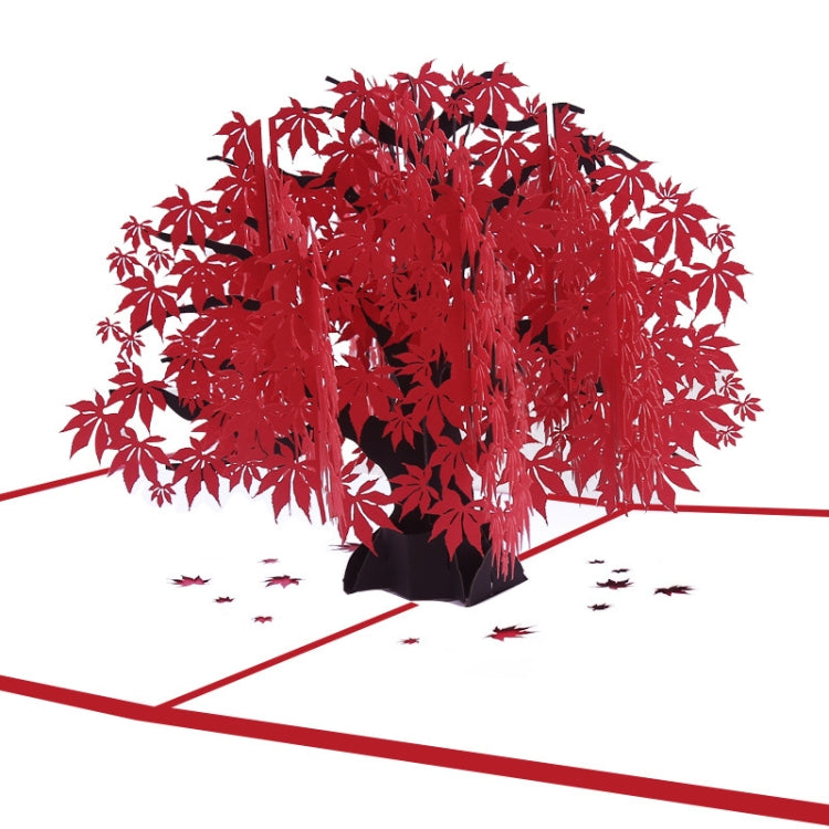 3D maple tree pop-up birthday greeting card with red leaf branches and dark base, open