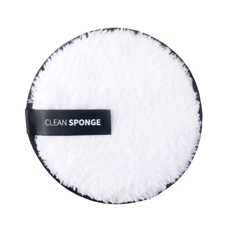 White round microfiber cleansing puff with black rim and CLEAN SPONGE label.