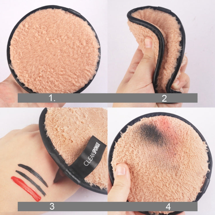 Set of round microfiber cleansing puffs with black trim, shown in four use steps.