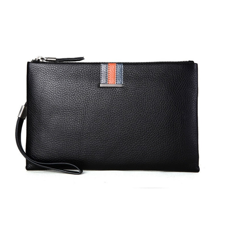 Black leather zip clutch coin purse with wrist strap and striped front tab.