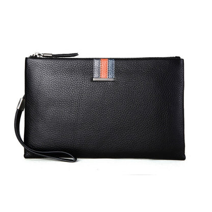 Black leather zip clutch coin purse with wrist strap and striped front tab.