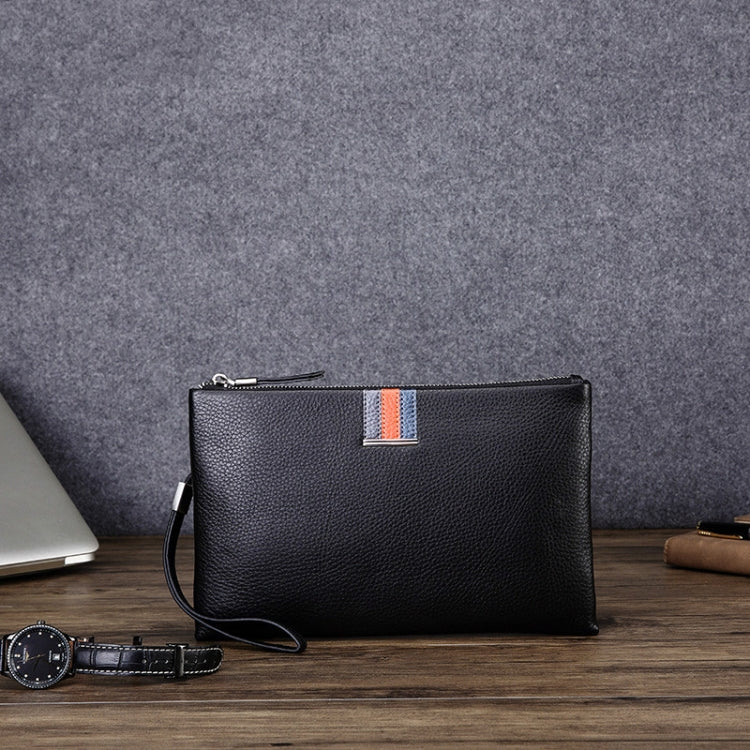 Black leather zip clutch coin purse with wrist strap and striped front tab, front view.