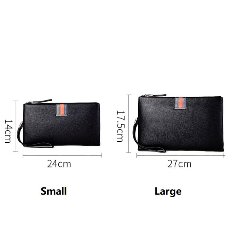 Black leather zip clutch coin purses with wrist straps: small 14x24 cm, large 17.5x27 cm