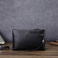 Black leather zip clutch coin purse with wrist strap and front pocket flap detail.