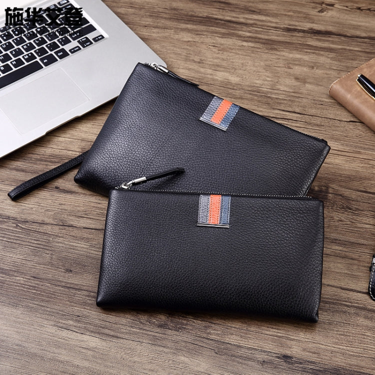 Two black leather zip coin purses with wrist straps and striped front tabs, stacked.