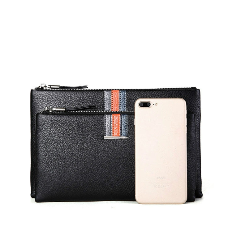 Black leather zip clutch coin purse holding a smartphone, with striped front tab.