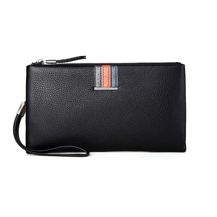 Black leather zip clutch coin purse with wrist strap and striped front tab, side view.