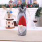 Grey felt wine bottle bag with embroidered Santa hat and white beard, drawstring top