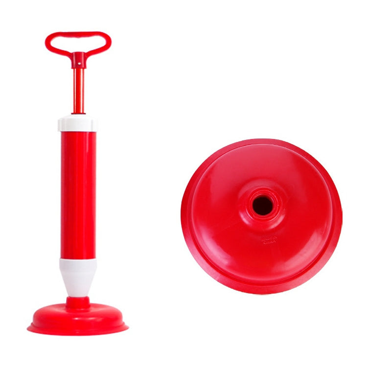 Red toilet suction cup vacuum pump with white handle and round suction base
