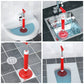 Toilet and sink suction cup vacuum pump with red tube and round base, in use