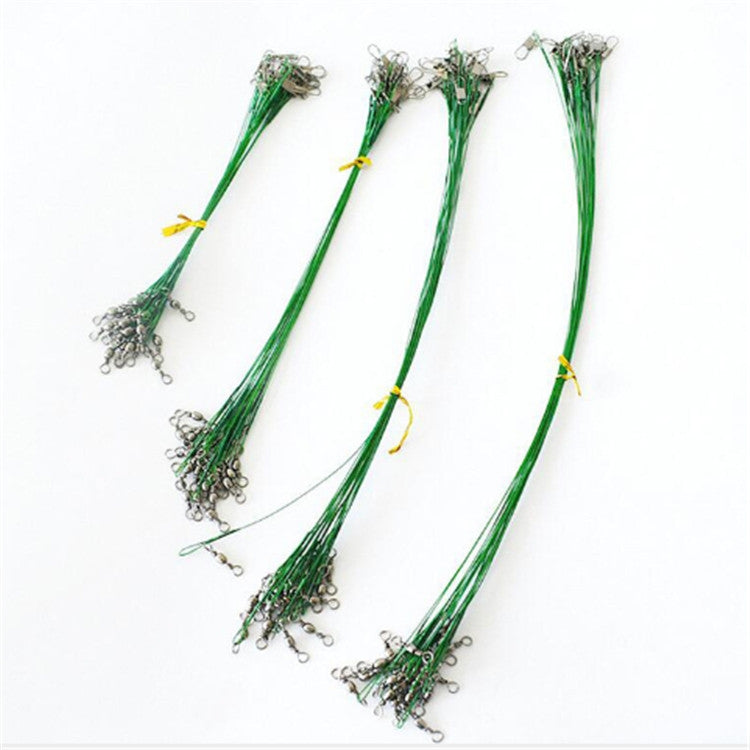 Green anti-bite fishing wire leaders with metal swivels and hooks, hanging bundle