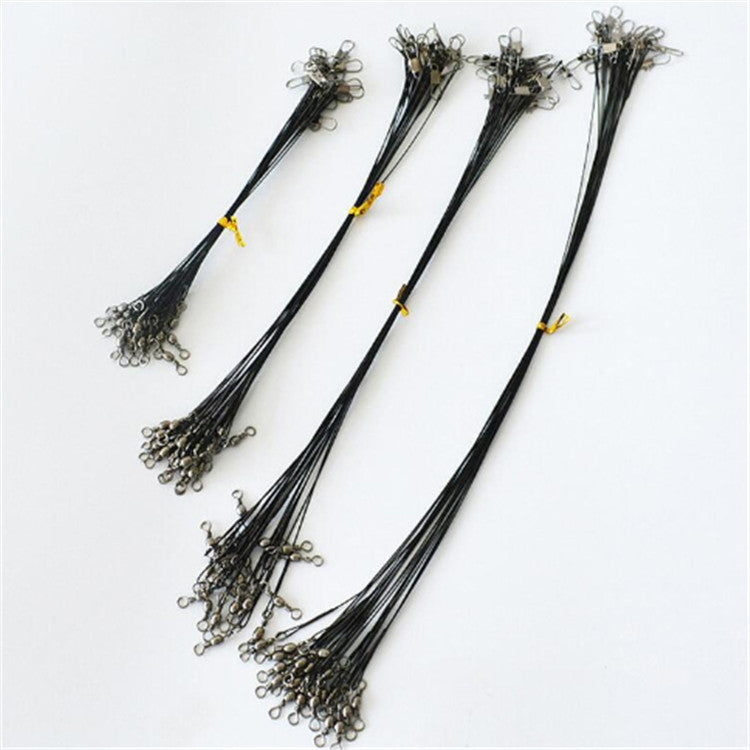 Black anti-bite fishing wire leaders with metal swivels and hooks, grouped pack