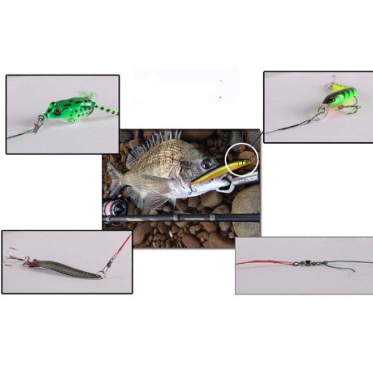 Anti-bite fishing wire leaders with metal clips and hooks shown assembled for use