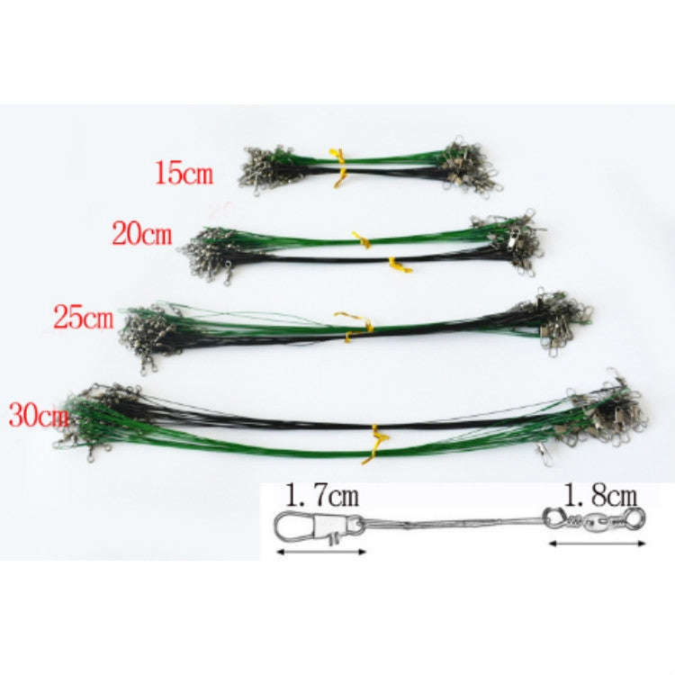 Green anti-bite fishing wire leaders in lengths 15cm, 20cm, 25cm, 30cm
