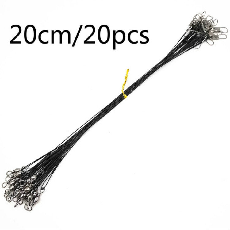 Black anti-bite fishing wire leaders with metal swivels and hooks, 20cm length