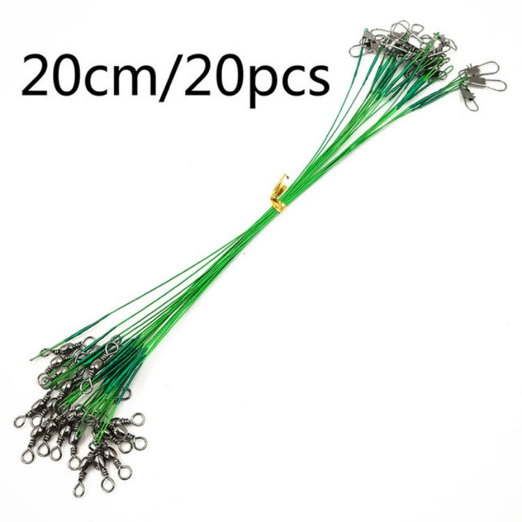 Green anti-bite fishing wire leaders with metal swivels and hooks, 20cm length